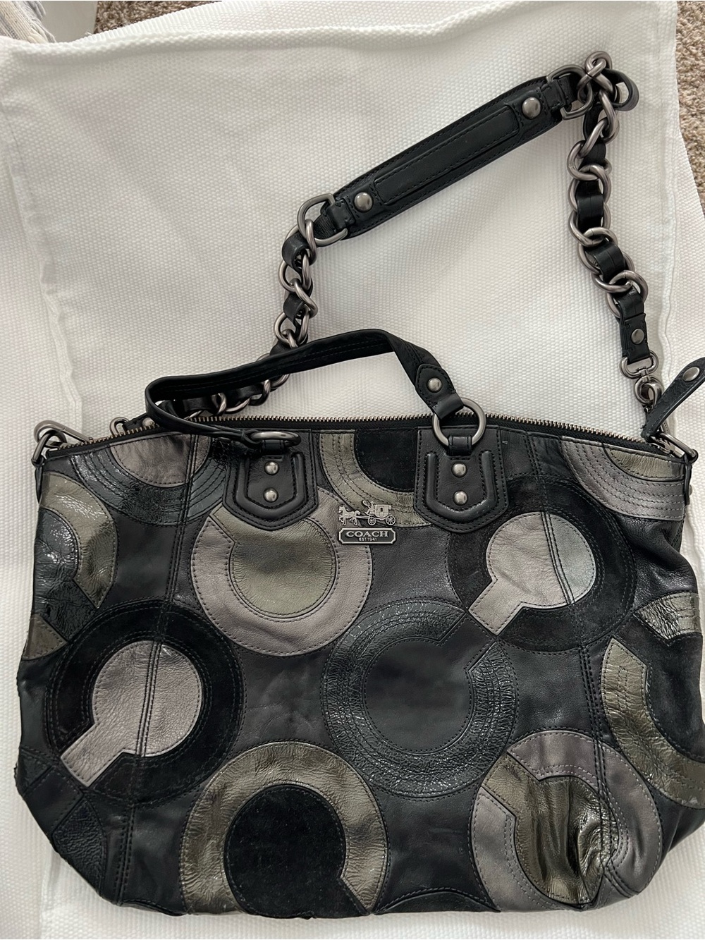 Coach Black Patchwork Leather Shoulder Bag with Circular Accents